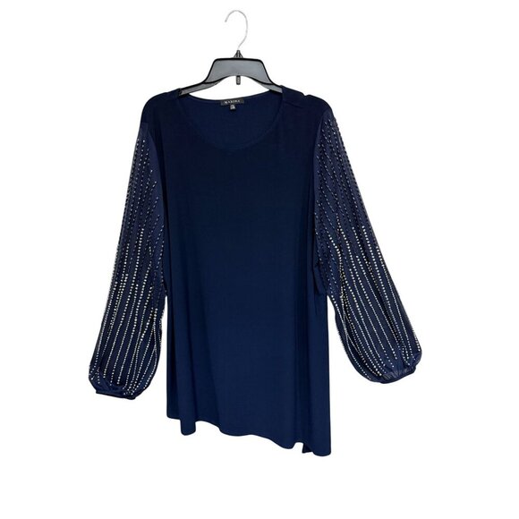 Marina Navy Blue Beaded sheer sleeve tunic Asymmetrical Hem Sz 20W Dark Romantic - Picture 1 of 12